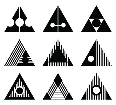 Abstract geometric triangle symbol set with circles, stripes, lines and negative space, geometric vector collection.