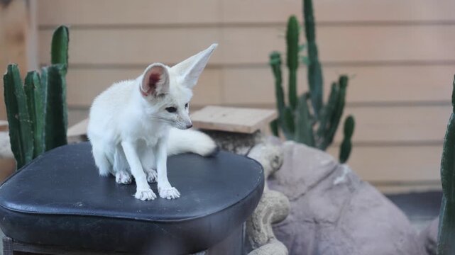 Fennec fox with large ears sitting on a black stand, looking aside