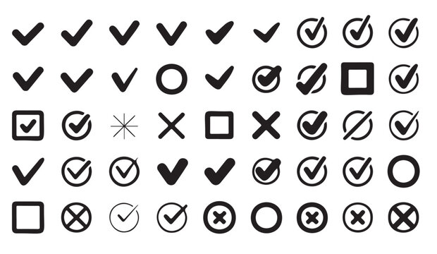 Collection of check mark and cross icons in geometric frames for project status and task management tools.