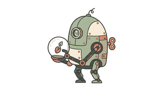 Cartoon wind-up robot character holding a glass dome with a growing seedling sprout, with camera eye and mechanical legs in flat retro illustration style on white background