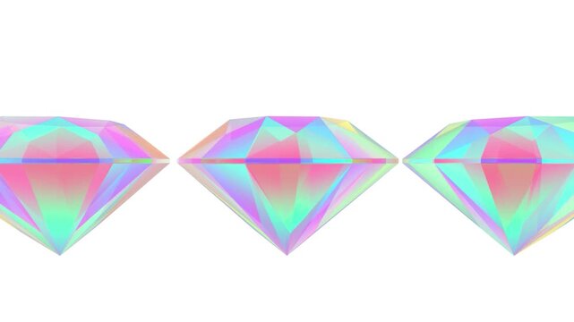3D Holographic Trio Diamonds Rotating Row Seamless Loop Video, Abstract Rainbow Crystal Gemstone Motion Graphics, Iridescent Pastel Prism Refraction Animation &ndash; Horizontal row of three brilliant cut