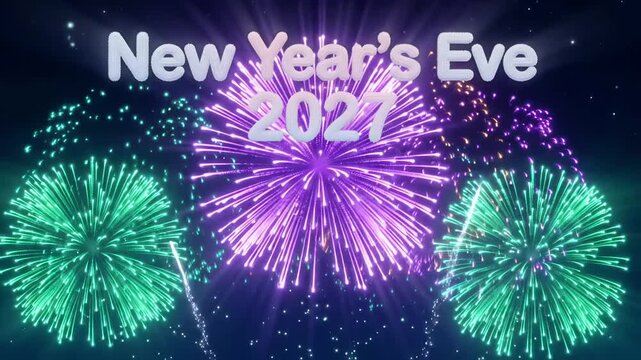 New Year Eve 2027 Fireworks Burst Night Sky Celebration 3D Render Motion Graphic Loop
