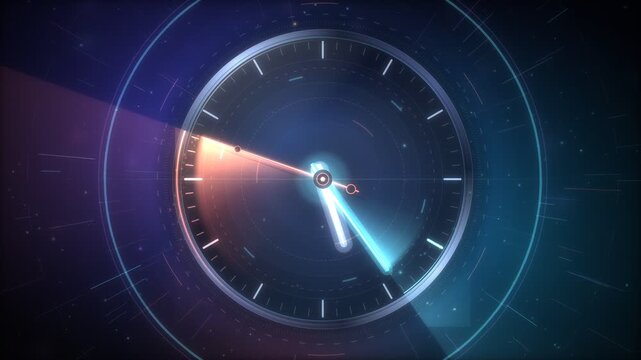 Futuristic Glowing Clock Hands Spinning Fast in 4K Seamless Loop Digital Time Concept