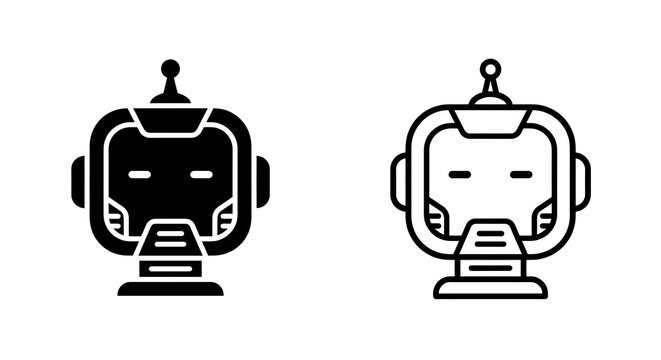 Robot head icon set, AI chatbot assistant glyph and line art outline vector logo symbol
