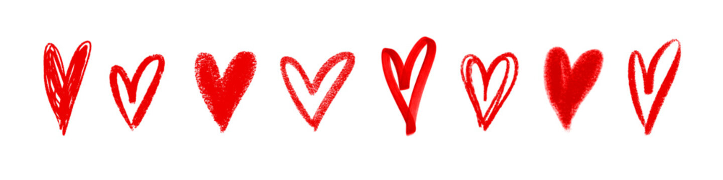 Set of Eight Red Hand Drawn Hearts with Textured Brush Strokes and Outlines Isolated on White