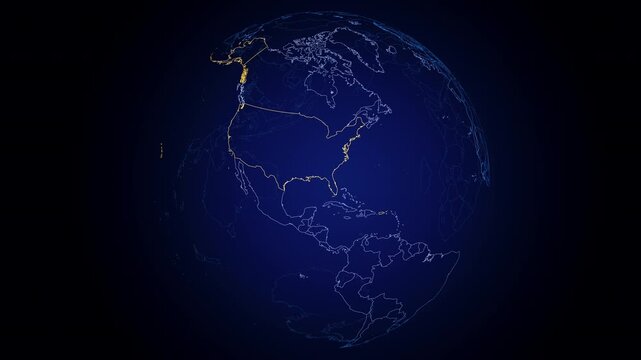 Outline of the United States highlighted in yellow on a futuristic digital globe with the other countries outlines in blue. Globe turning in a seamless loop. Gradient blue background.