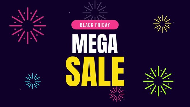 Colorful fireworks bursting around a mega sale title on a dark night sky, Black Friday. Seamless looping 2D animation.