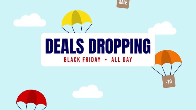 Crates with discounts floating down on parachutes past a deals dropping panel, Black Friday. Seamless looping 2D animation.