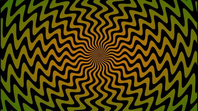 Seamless looping zigzag wavy pattern forming rotating hypnotic spiral vortex in center. Optical illusion psychedelic background for VJ loop, hypnotic visual and trippy motion graphics.