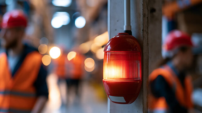 Industrial fire alarm strobe light mounted on a concrete wall in an active warehouse with defocused faceless workers in reflective vests walking in the background, with copy space