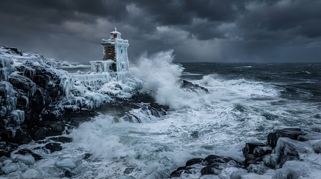 Dramatic seascape featuring a lighthouse battered by powerful waves during a storm