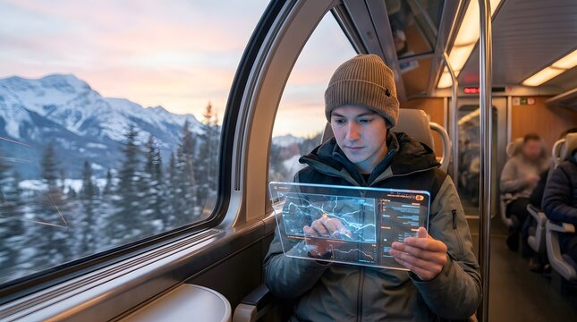 Woman looking at phone while traveling on a train with scenic mountain views