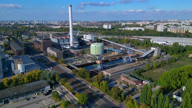 Gas power plant infrastructure, industrial cityscape. Amazing aerial view drone