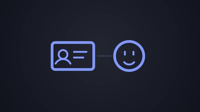 Dark mode ID card and face matching with dotted line then green check badge, age verification animation