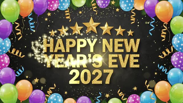 New year party celebration balloon frame with golden stars, holiday motion graphic background
