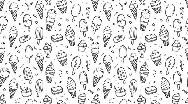 Seamless pattern with hand drawn ice cream cones and popsicles in a cute doodle sketch style for summer food design