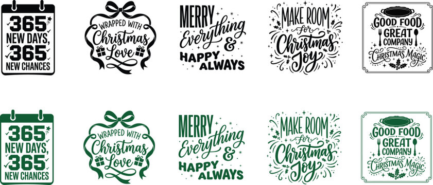 Collection of Christmas festive hand lettered quotes and seasonal greetings in dark green tones
