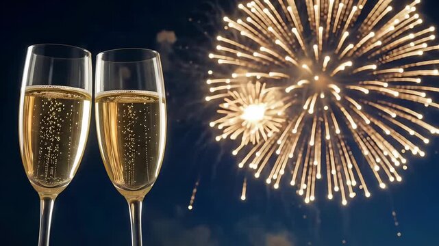 Champagne glasses toast fireworks night, new year celebration slow motion background
