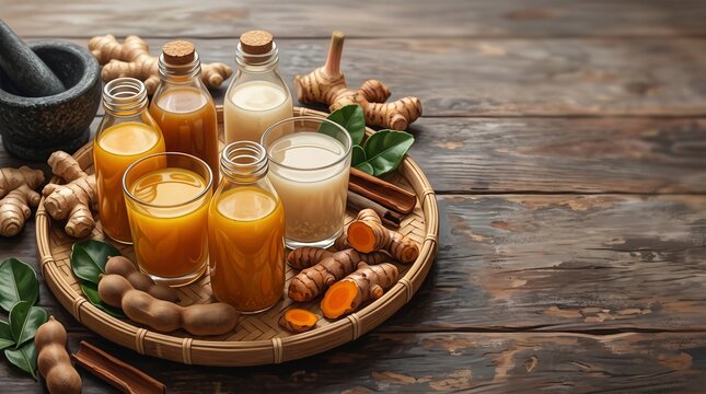 Traditional Indonesian jamu herbal drinks with turmeric, ginger and tamarind on a bamboo tray