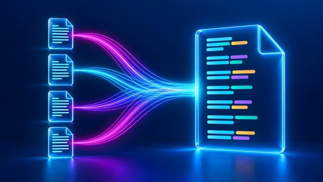 Glowing neon fiber optic streams converging multiple digital files into a central master document illustrating automated data integration and secure archiving.
