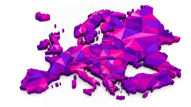 Vibrant purple and magenta three dimensional low poly map of Europe showcasing distinct geometric triangles across different nations against a clean isolated white background presenting modern digital