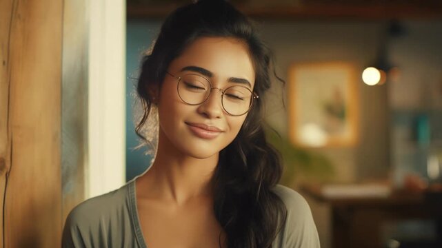 A beautiful young woman with dark hair and glasses smiles genuinely at the camera in a cozy indoor setting.