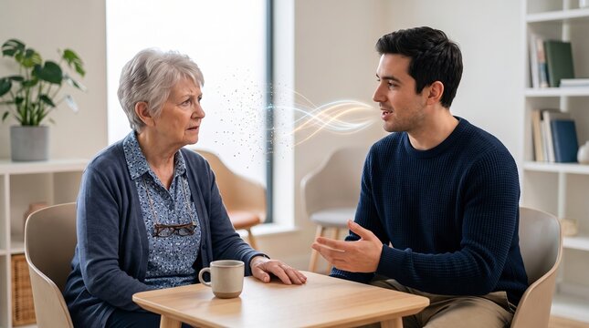 Young man talking with senior woman at table with glowing sound waves between them. Communication and dialogue concept. Speech therapy, hearing aid consultation and family conversation at home