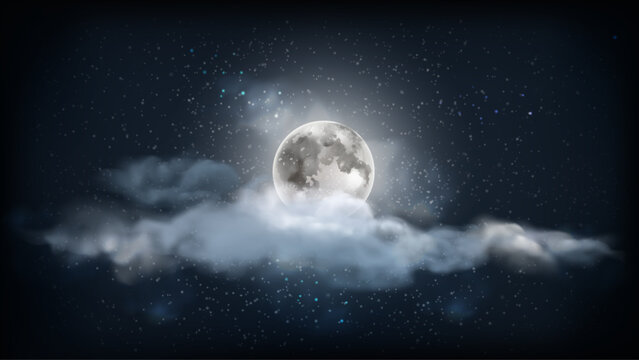 Full moon background. Dark night sky, lunar. Cloud with Halloween landscape. Illuminated galaxy, dusk. Bright fog of mystery. Glowing celestial sphere, misty atmosphere with stars. Vector banner
