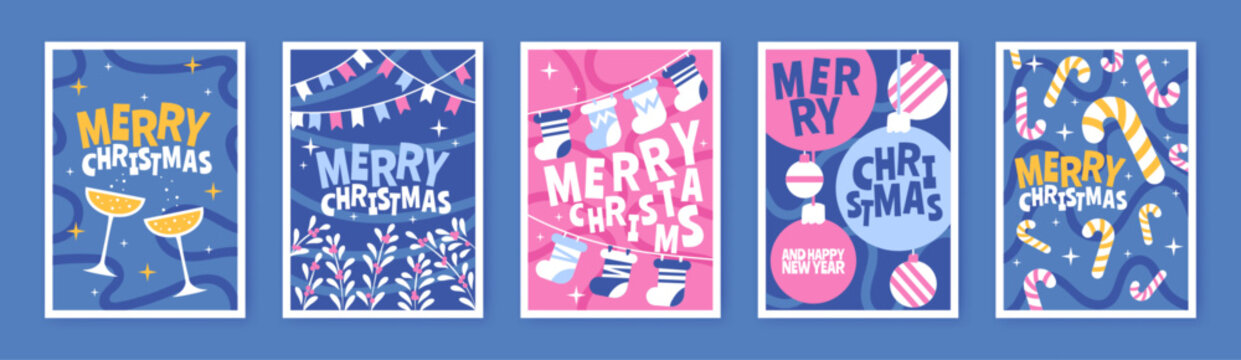 Christmas greeting card. Creative poster with tree branch. Holiday decoration. Festive toy presents, gift. Xmas ornament for New Year. Typography template, winter ornament. Vector garish celebration
