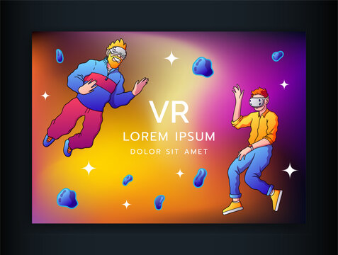 Metaverse game. Virtual reality entertainment poster with young characters wearing VR headsets and floating in fantastic digital space. Glowing abstract immersive gaming adventure. Vector illustration