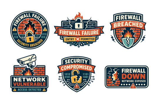 Firewall failure and security breach warning badge collection featuring broken locks, damaged brick walls, flames, surveillance camera and network vulnerability symbols