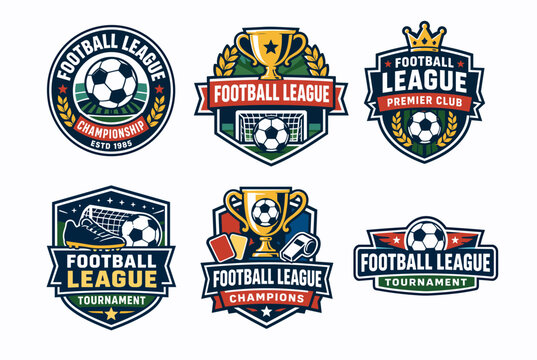 Football league championship badge collection with soccer balls, winning trophies, goal nets, crown, cleat, referee cards and tournament ribbons for sports branding