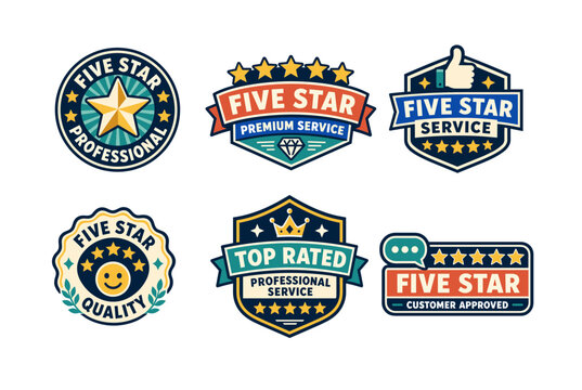 Five star service and top rated quality badge set featuring premium service ribbons, customer approved labels, golden stars, crown and approval symbols