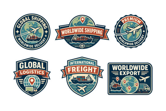 Global shipping and worldwide delivery badge set with airplanes, container ships, freight trucks, world maps and location pins for international logistics branding