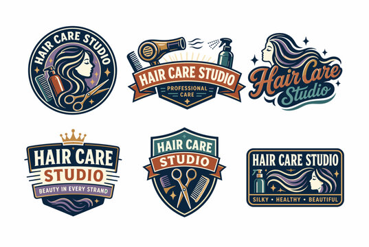 Hair care studio badge collection with flowing hairstyles, woman profile, scissors, comb, hair dryer, styling products and elegant lettering for beauty salon branding