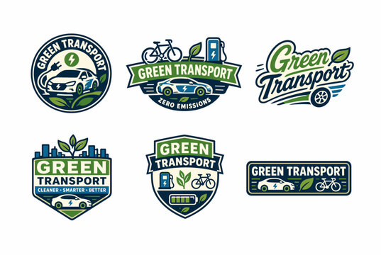 Green transport badge and lettering collection featuring electric cars, bicycles, EV chargers, battery symbols, leafy accents and zero emissions slogans for sustainable mobility