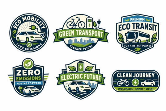 Eco mobility and zero emissions transport badges featuring electric cars, city bus, bicycle, charging stations, green leaves and sustainability symbols for clean travel