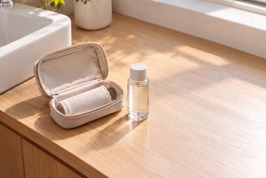 木製カウンターの化粧水用ガラス瓶と開いた携帯ポーチ