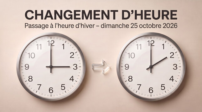 Changement d&rsquo;heure en France : passage &agrave; l&rsquo;heure d&rsquo;hiver le dimanche 25 octobre 2026, affiche de rappel avec horloges de 3h &agrave; 2h