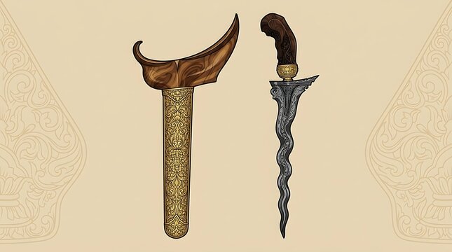 Traditional Indonesian Kris dagger with ornate wooden sheath and wavy blade isolated on a light green background