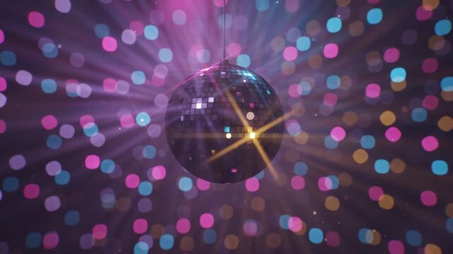 3D Rotating Mirror Disco Ball Casting Colorful Light Beams And Bokeh In Dance Club