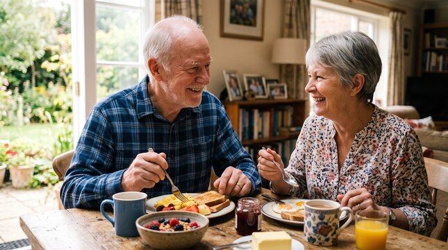 Senior couple sharing breakfast at home, smiling across a dining table. Retired partners enjoying a meal together. Family life and healthy aging. Connection, companionship and everyday