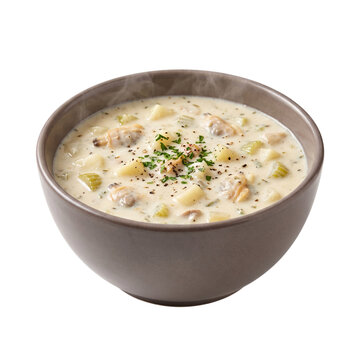 Steaming hot creamy clam chowder soup with potatoes and herbs served in a brown ceramic bowl on transparent background