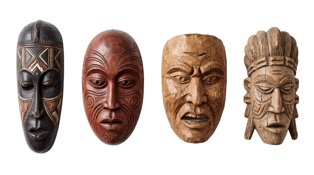 Traditional tribal wooden masks, collection of four hand-carved ethnic face sculptures, antique decorative ritual masks in various wood tones isolated PNG with Transparent Background
