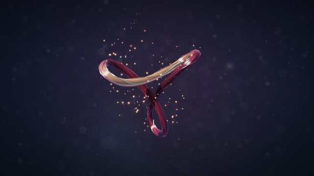 3D therapy concept tangled glowing thread knot slowly untangling into calm light ring camera flies through seamless loop