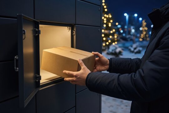 Courier placing cardboard parcel into parcel locker at night with Christmas lights