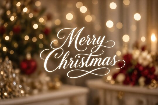 Merry Christmas calligraphy on warm bokeh with Christmas tree and red decor