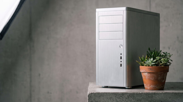 Silver server rack beside potted green plant minimalist studio with soft energy efficient lighting. Sustainable renewable power storage network system future technology innovation