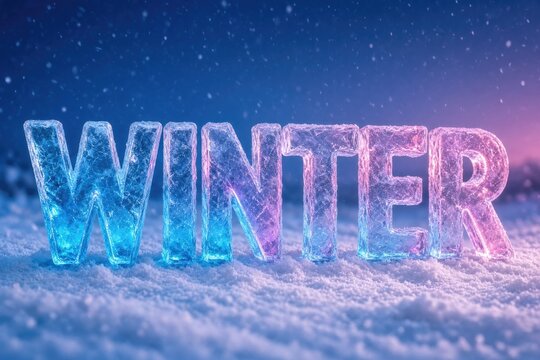 Winter word in frozen ice letters with neon blue and pink glow on snow