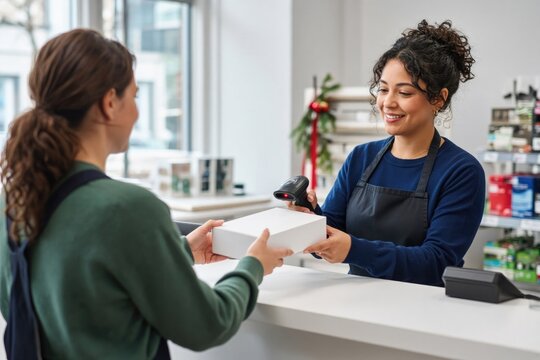 Saleswoman in apron handing white gift box to customer across store counter
